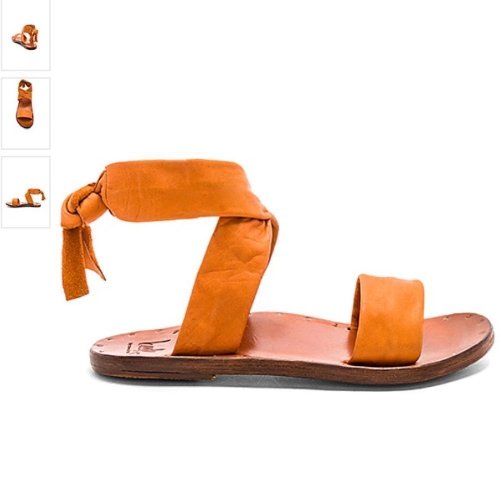 Anthropologie Beek Orange Leather Canary Ankle Tie Flat Sandal Size 9